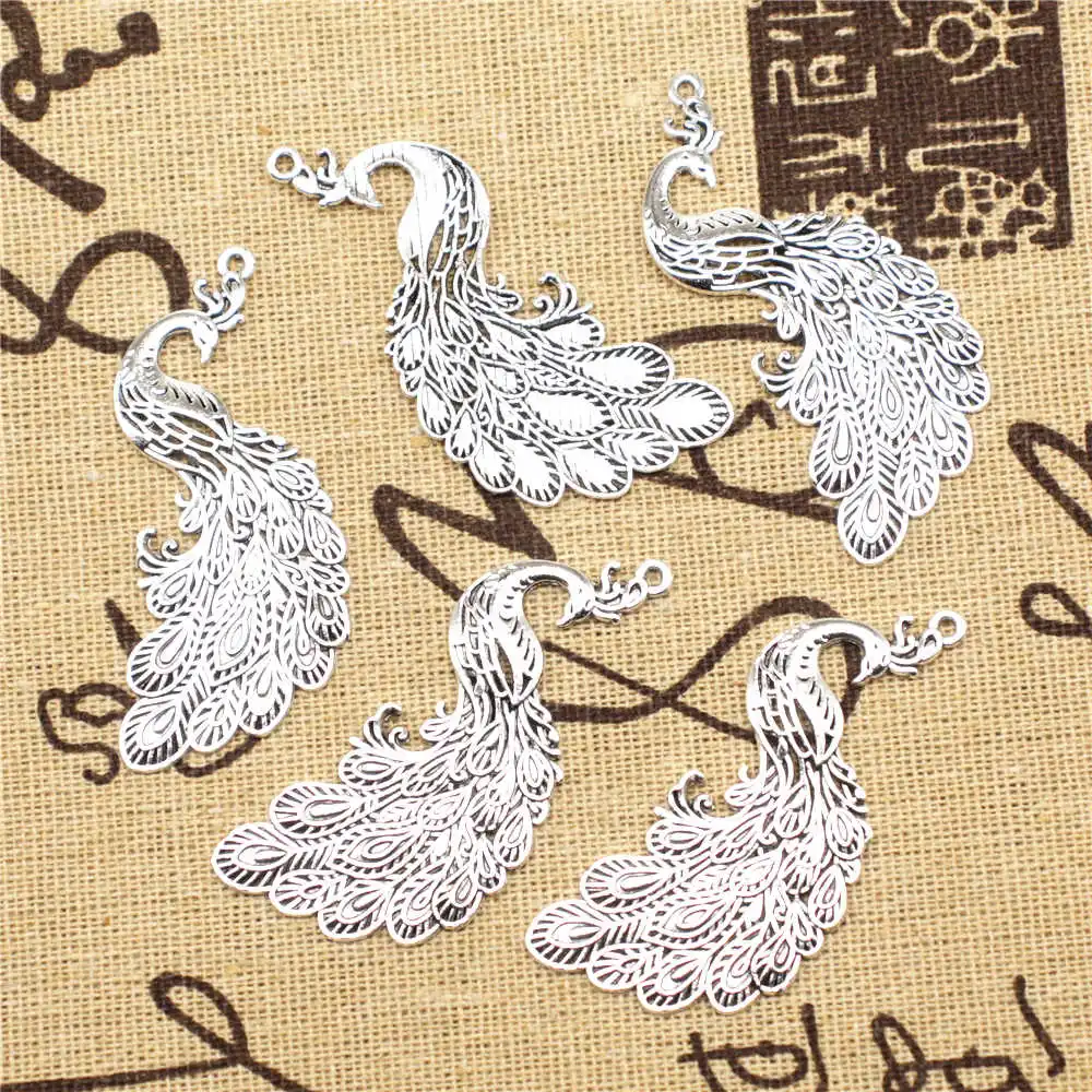 

Charms for jewelry making 3pcs 23x55mm antique silver color Peacock charms