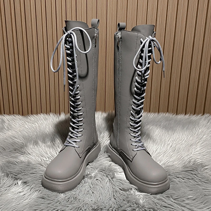 

Женские ботинки, новинка осень-зима 2022, ботинки на платформе с тонким рукавом, эластичные ботинки, женские винтажные высокие ботинки с кругл...