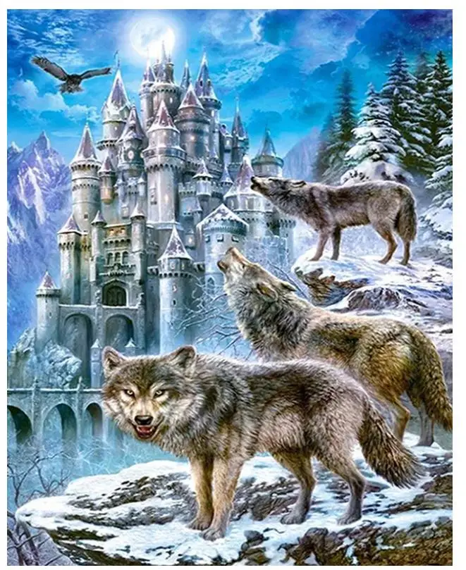 Алмазная живопись с замком вышивка драгоценными камнями волки - Цена: 