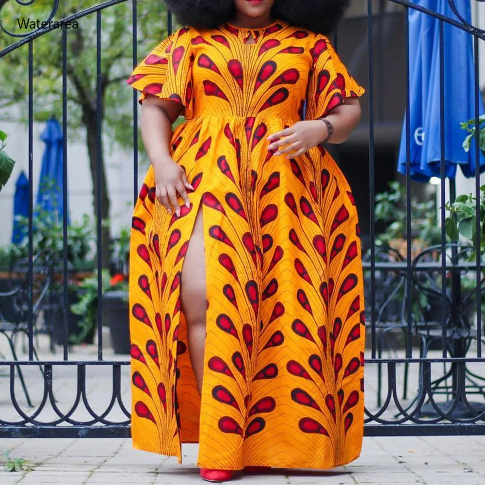 Женское длинное платье с принтом большого размера круглым вырезом и коротким