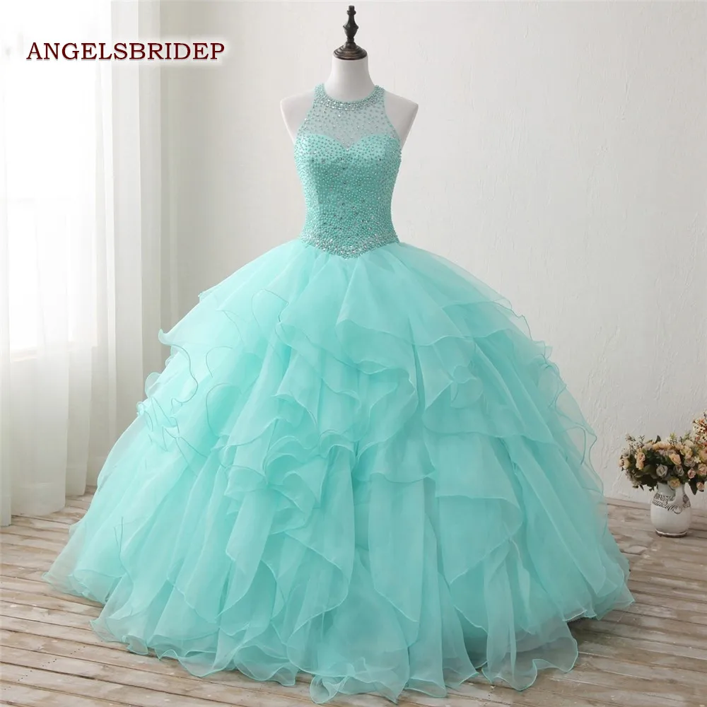 Соблазнительные мятные платья для Quinceanera с высоким воротником бальное платье