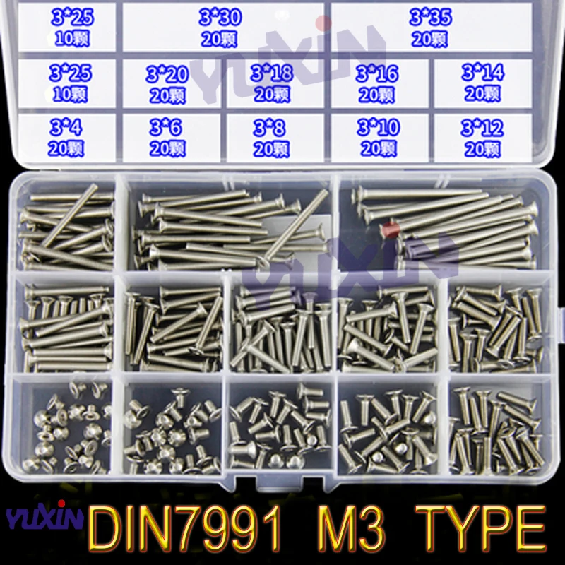 240 шт. M3 M4 M5 M6 DIN7991 ISO10642 A2-70 SS304 шестигранные винты с потайной головкой плоский винт Шестигранная набор болтов Комплект