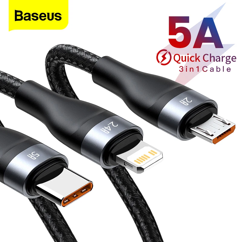 Cabo para Xiaomi Cabo de Dados para Iphone Cabo de Fio Usb tipo c 3 em 1 Baseus Samsung Carregamento Rápido 11 Pro x 8 6s Micro Usb 5a