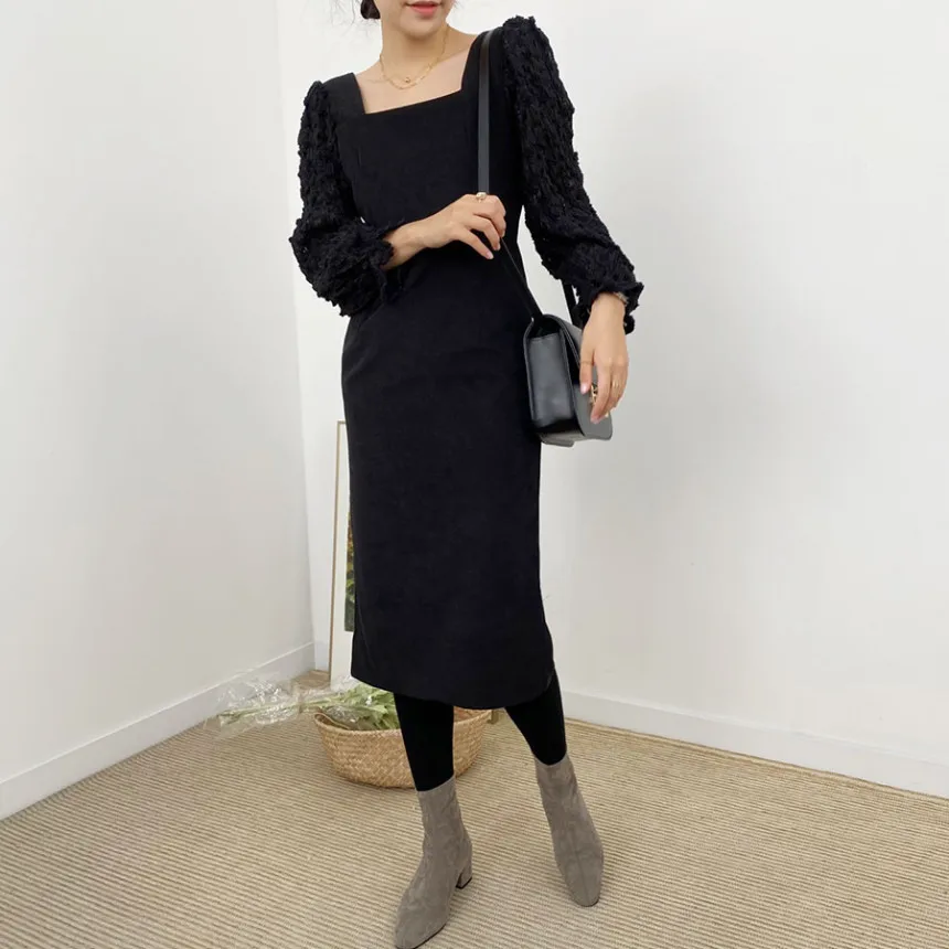 

Square Collar Clavicle Exposed Sexy Dress Women High Waist Hip A Line Slim Vestidos Draped Design Hit Color Robe Wild