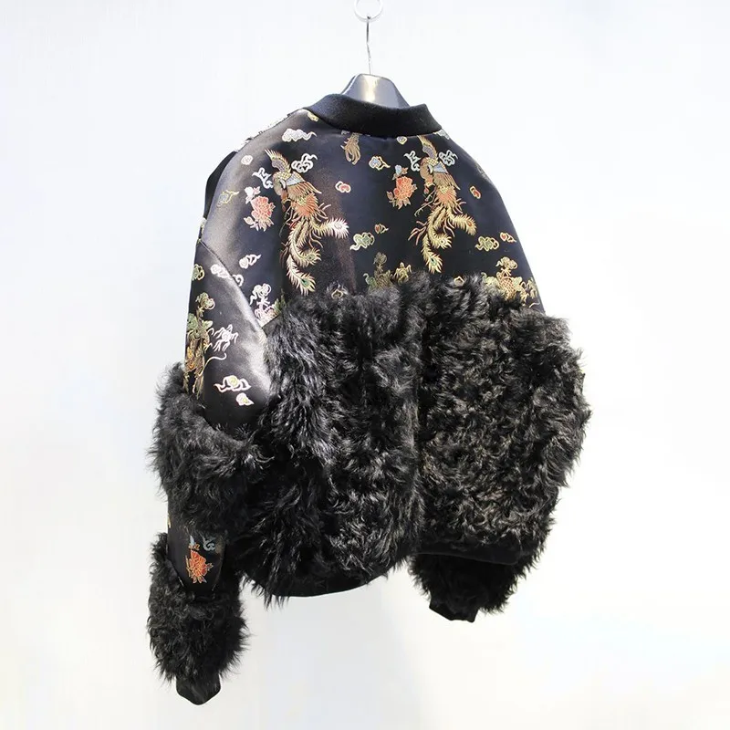 New Chinese Style Embroidery Printing Natural Sheep Shearing Real Lamb Fur Coats Women 2020 Fashion Autumn Winter Jackets Female | Женская