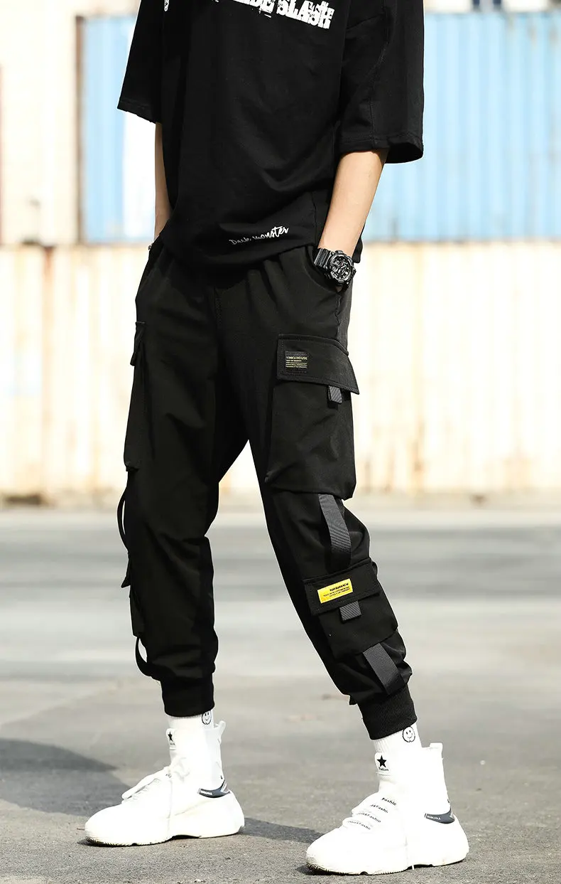 

Black harem pants men elastic waist ribbon punk streetwear casual hip-hop trousers WLB6 size 37-42