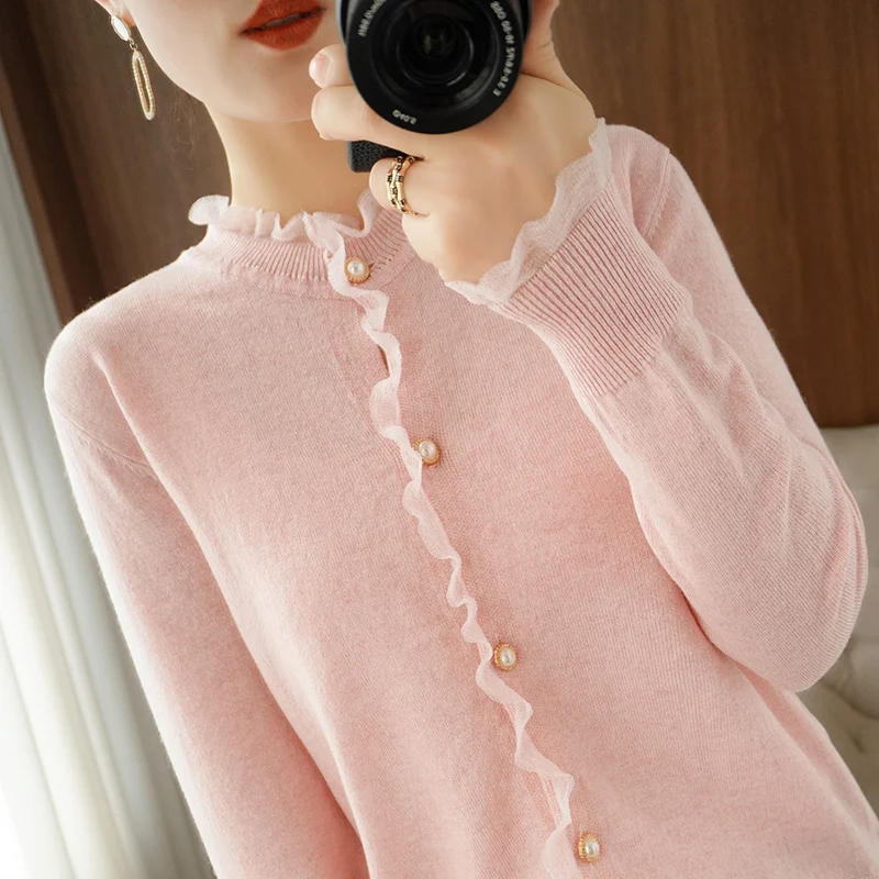 100% pure wool cardigan ladies knitted full sleeves 0-neck fashion high-end coat cashmere sweater spring and autumn new style