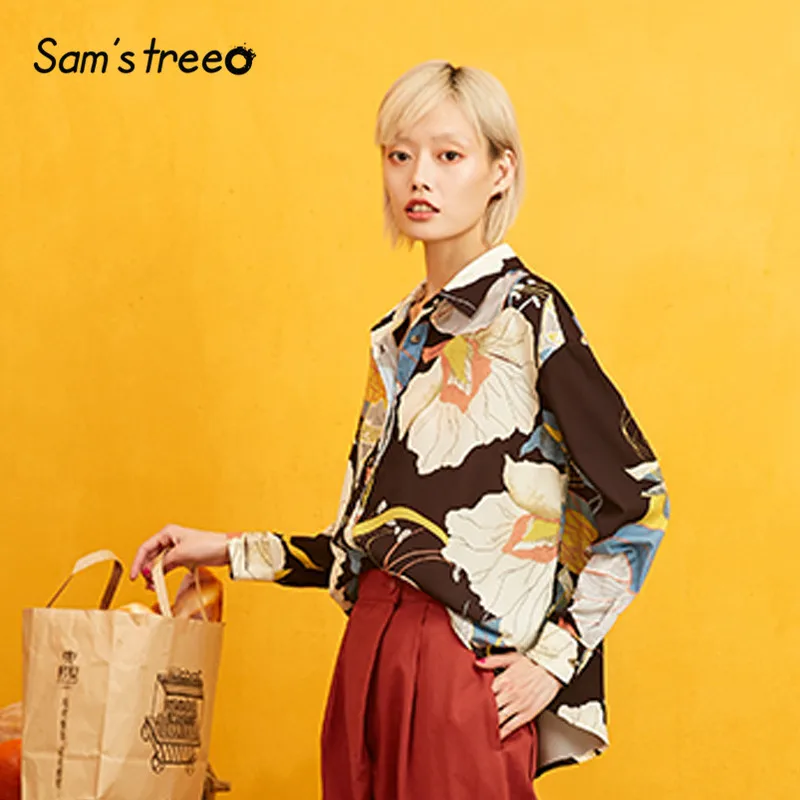 Samstree, винтажная блузка с цветочным принтом, рубашка для женщин, бохо, топ,, Осенний праздник, длинный рукав, для отдыха, офисные женские блузки
