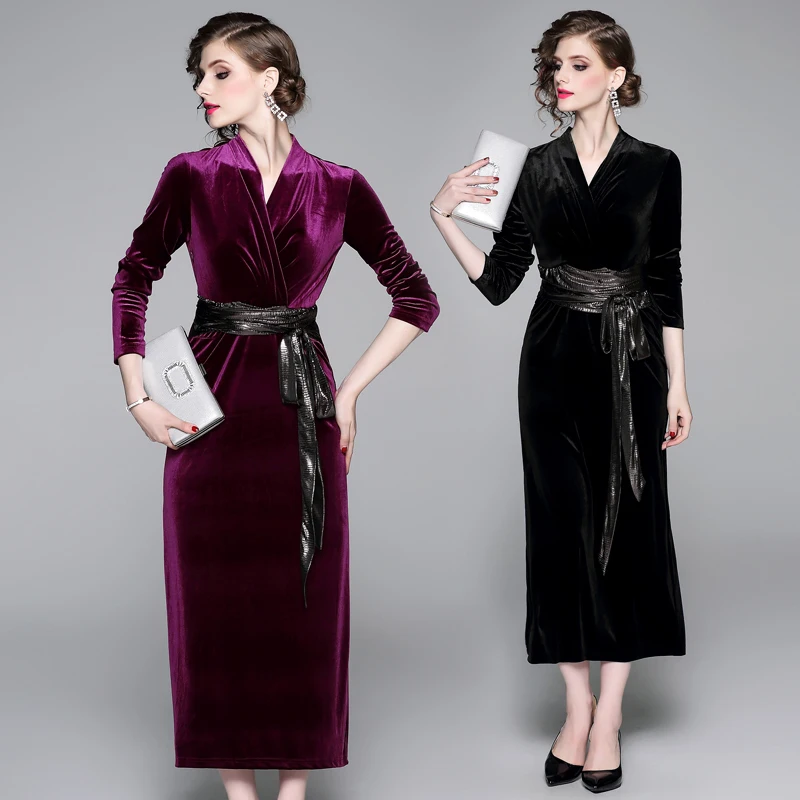 

Elegant Women Autumn Winter Long Velvet Dress Festa High Quality Bandage Sexy Robe Femme Vintage Evening Party Vestidos Black