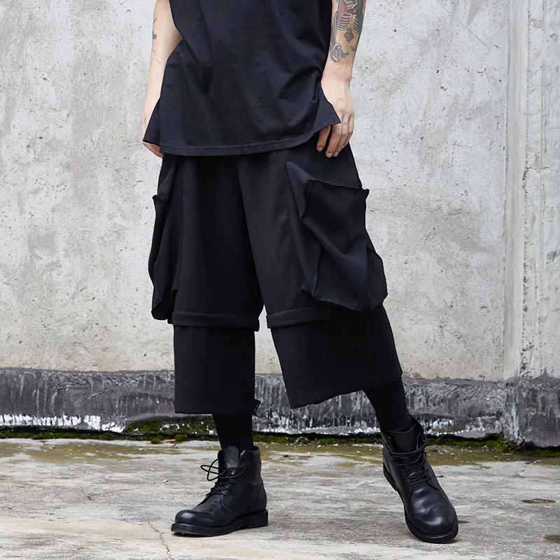 

Male Gothic Hip Hop Harem Trousers Kimono Pant Men Streetwear Big Pockets Fake 2PCS Splice Loose Casual Wide Leg Cargo Pants