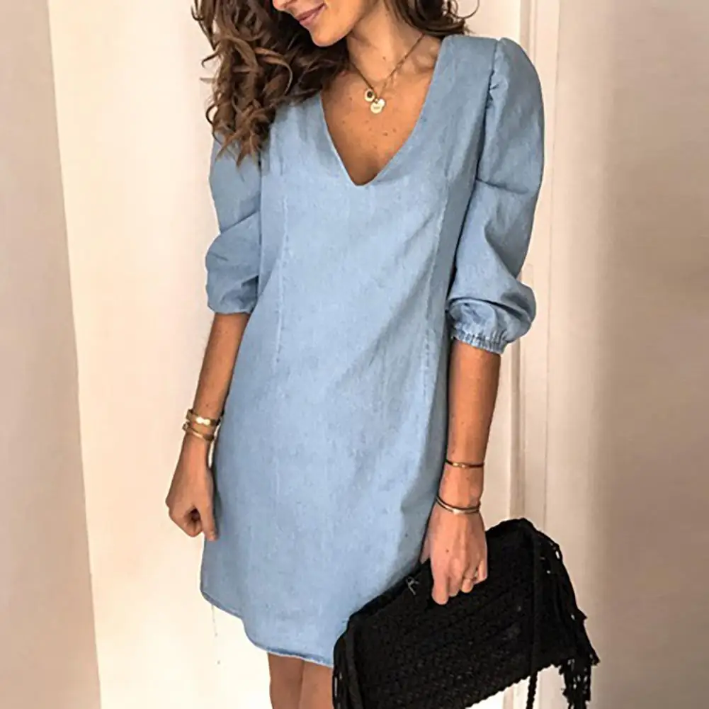 

Sexy women denim dress Women Casual Solid Color V Neck Half Sleeve Elastic Cuff Loose Mini Denim Dress Vintage female dress 2020