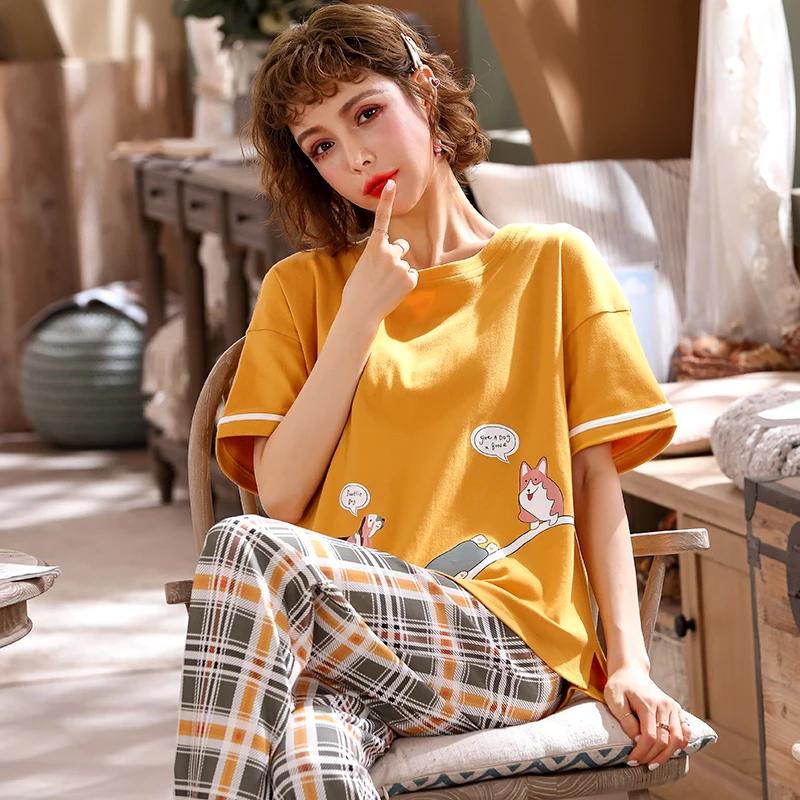 Пижама с короткими рукавами и длинными брюками 6535 хлопок пижамы круглым вырезом