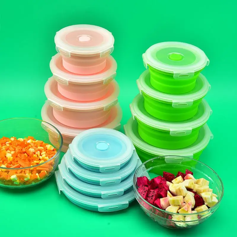 

4pcs/set Silicone Folding Bento Lunch Box Collapsible Lunchbox Food Container Salad Bowl with Lid Dinnerware