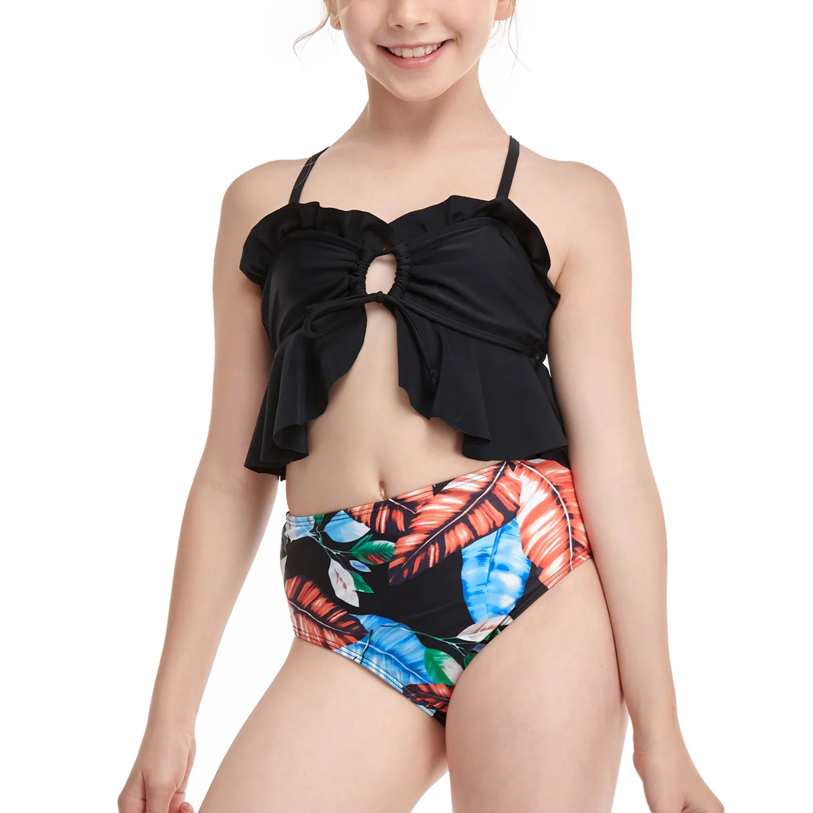 

Summer children girls parent-child leaf printing two-piece set of lotus leaf lace hollow simple fashion children's swimwear