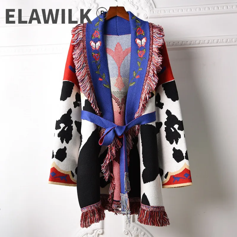 

Spring Autumn fashion women's high quality Jacquard Cashmere cardigans Chic women loose embroidery tassels knitted coat C613