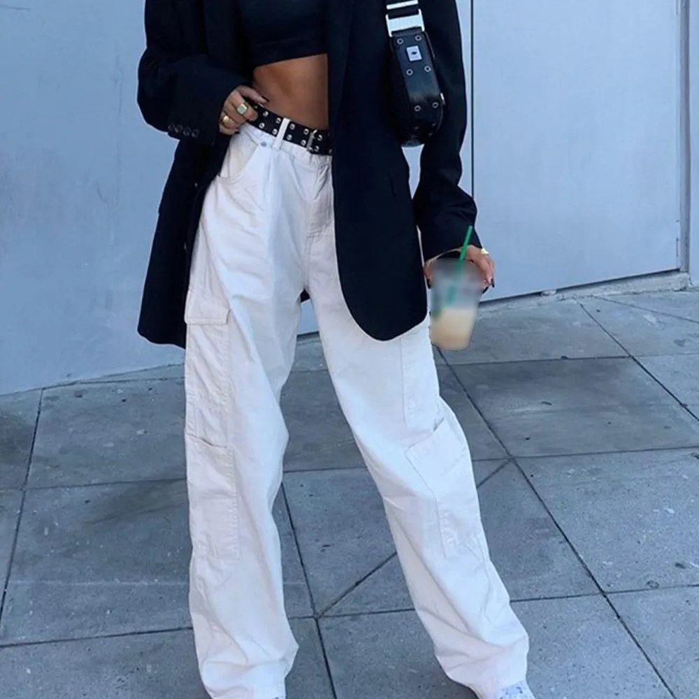 

Women Fashion Loose Jeans Casual Work Pants Hip Hop Jeans Woman Cotton Trousers Big Pocket Women Clothes Blue/black/white Jeans