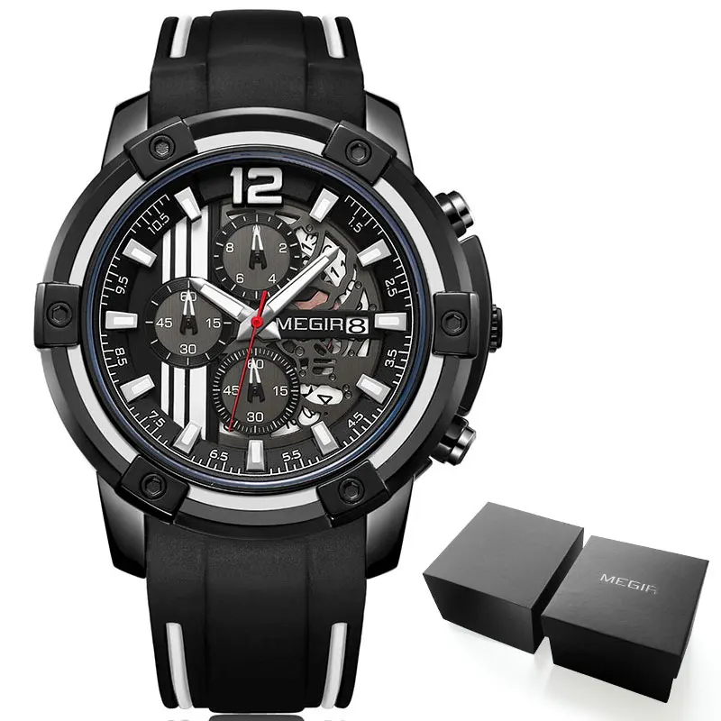 MN2097G-Black Мужские черные кварцевые часы Megir с силиконовым ремешком, спортивные наручные часы с хронографом для мужчин, водонепроницаемые светящиеся стрелки 2097, желтые - Цвет: MN2097G-Black