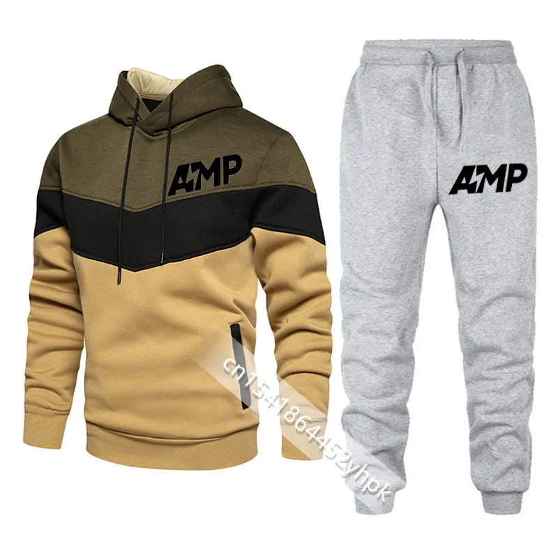 

Trampoline basketball sportswear AMP Funny Men's Patchwork Sweatshirt Hoodies Casual Streetwear+ Pants Male Fashion 2 Piece Sets