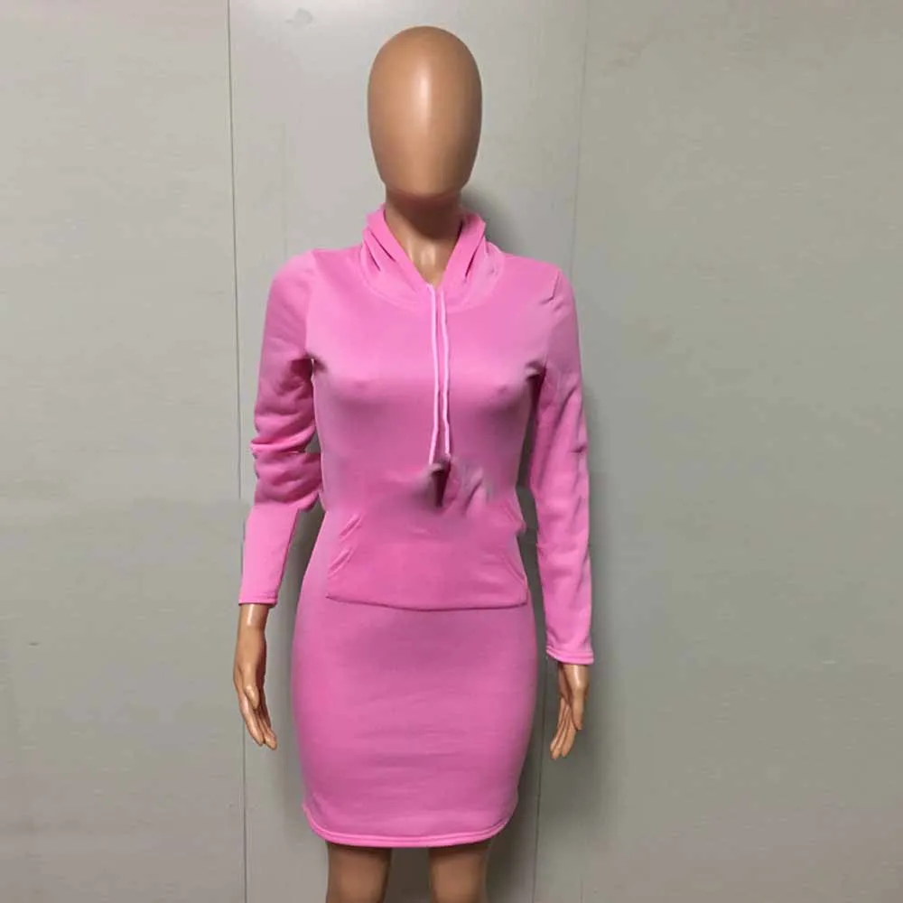 Pink Осенне-зимняя теплая толстовка бодикон платье женская одежда длинный рукав с капюшоном воротник карман Верхняя одежда простое женское облегающее платье - Цвет: Pink