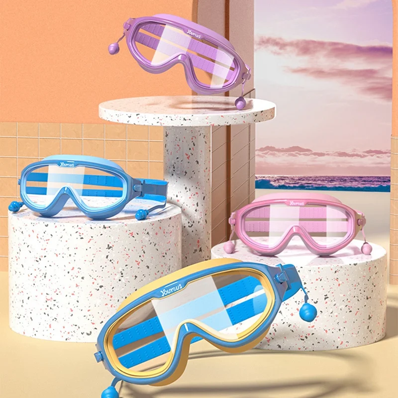 

Плавательные очки с большой оправой для мальчиков и девочек, мягкие силиконовые водонепроницаемые противотуманные УФ-линзы с затычками дл...