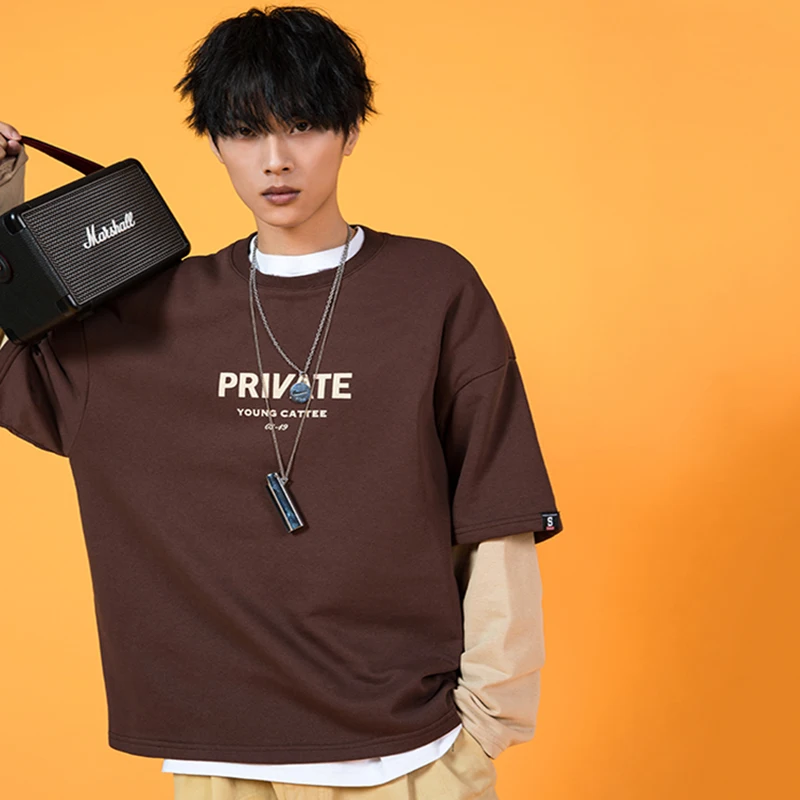 

RHYMONSTER Fake Two Piece Contrast Color Pullover Oversize Sweatshirts Fashion Letter Print Sweatshirts Mens High Street Tops