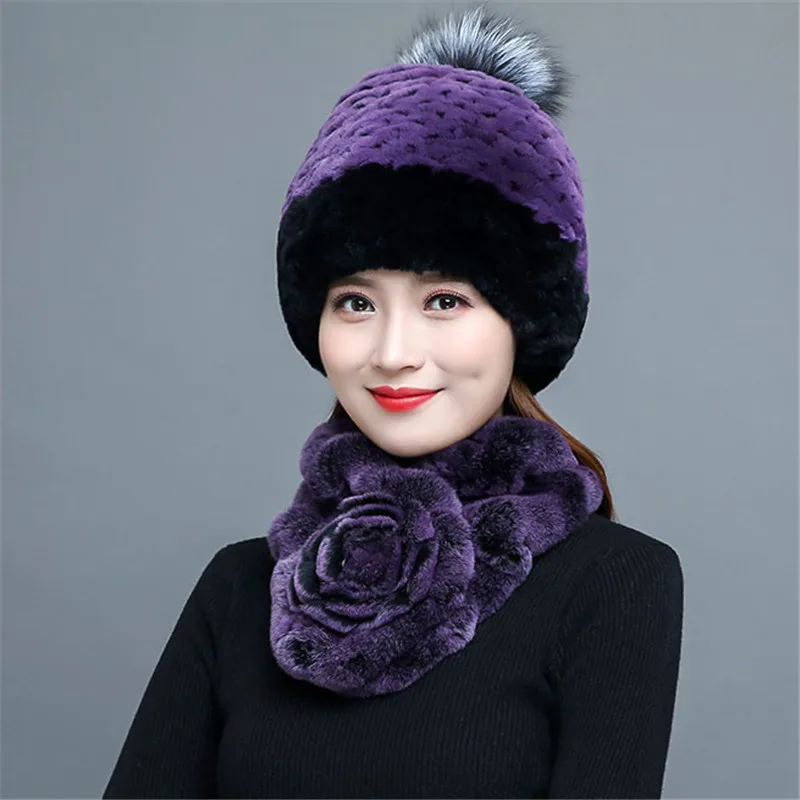 Женская шапка и шарф из 100% натурального меха кролика Рекс комфортная теплая