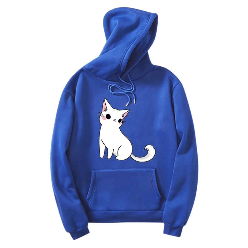 Blue Толстовки унисекс, черный, белый, пара, кот, худи, джемпер, для мужчин и женщин, на каждый день, с длинным рукавом, с круглым вырезом, с рисунком кота, толстовка, пуловер# G8 - Цвет: Blue