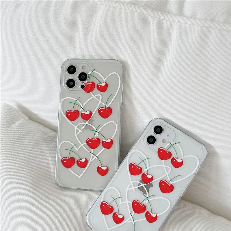 

Cute Love Cherry Phone Cases For iPhone 12 Mini 11 Pro XS MAX XR X 8 7 Plus SE 2020 12Pro Fashion Straight Edge Soft TPU Cover