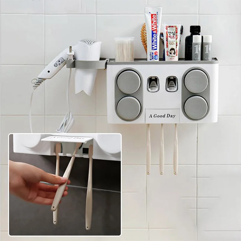 

Family Tooth Brush Holder Set Easy Install Plastic Bathroom Toothbrush Storage Rack Toothpaste Dispenser with 4 Cup