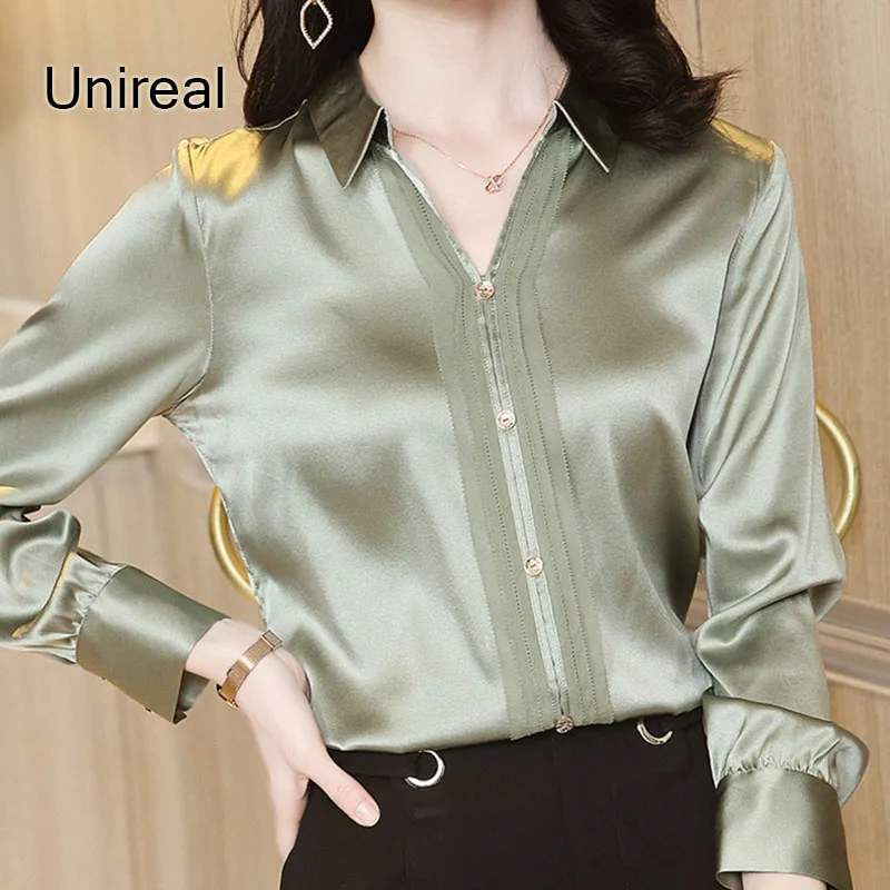 

Unireal 2021 Spring Autumn Women Satin Blouse Shirt Long Sleeve Vintage Elegant Office Lady Silk Shirt Casual Tops