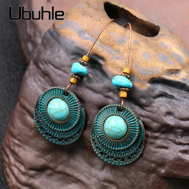 Уникальный дизайн круглые бронзовые висячие серьги большой голубой камень для