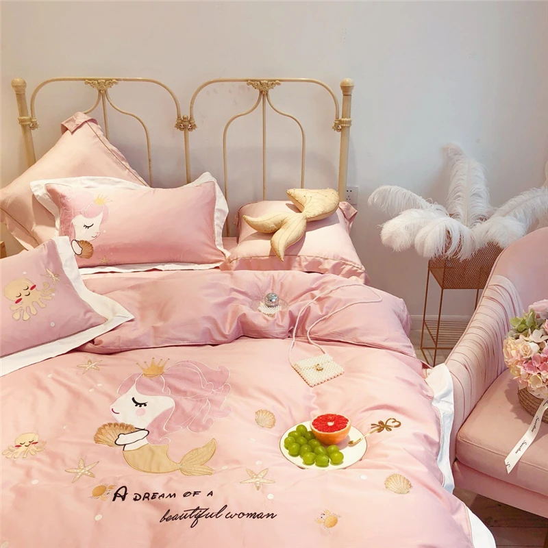

Small Fresh Bedding Set All Cotton Satin Bed Sheet Quilt Cover Mermaid Embroidery Pillowcase Four Seasons Universal Girly Style