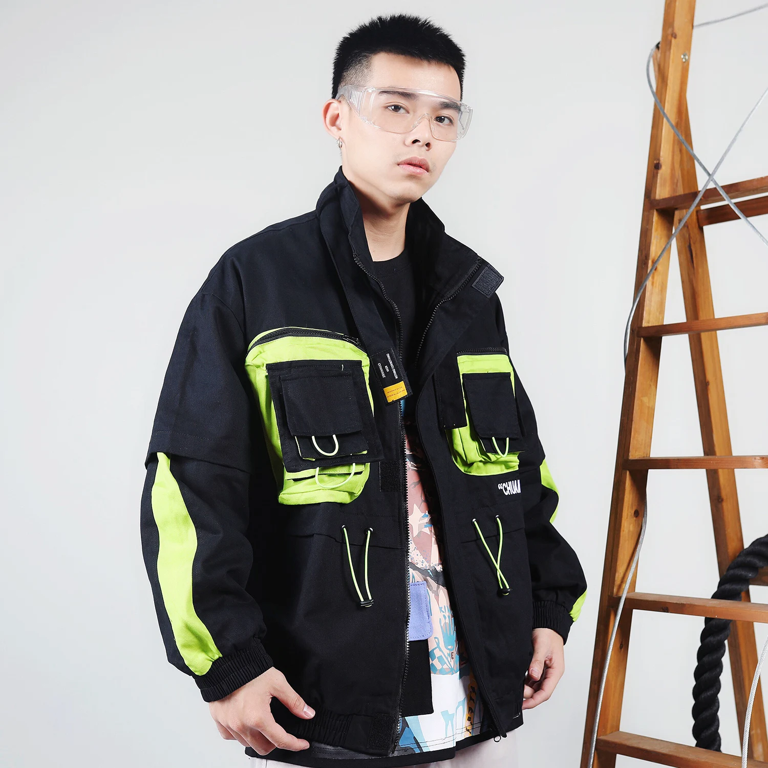 Мужская повседневная куртка-карго на молнии с карманами в стиле пэчворк уличная