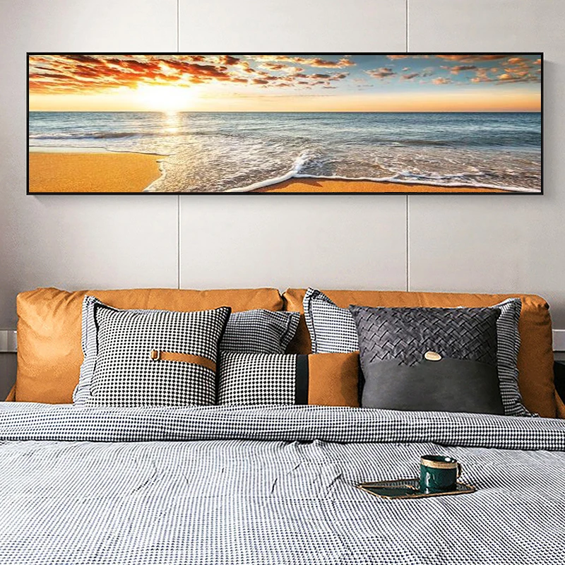 

Modern Simple Nordic Seaside Sunrise Beach Scenic Canvas Living Room Decorative Painting Frameless Wall Art Cuadros Para Sala
