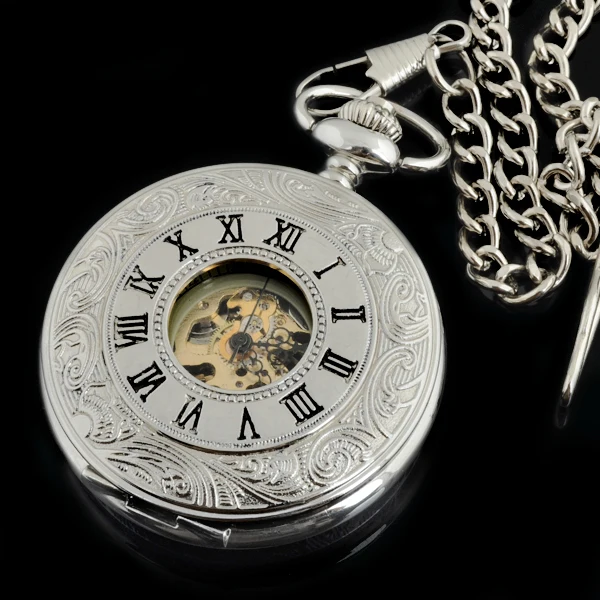 

Серебряный чехол с циферблатом Roma, Механические карманные часы с цепью, 38 см, relogio de bolso PJX1074