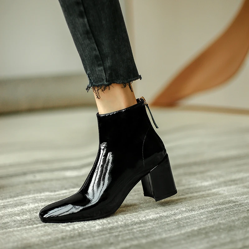 

Women Genuine Leather Metal zippers Decoration Ankle Boots Fashion high heels Autumn Winter Party Office Shoes Woman