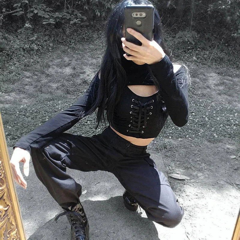Темная хлопковая Футболка Fitshinling Goth для женщин водолазка с вырезами и открытыми