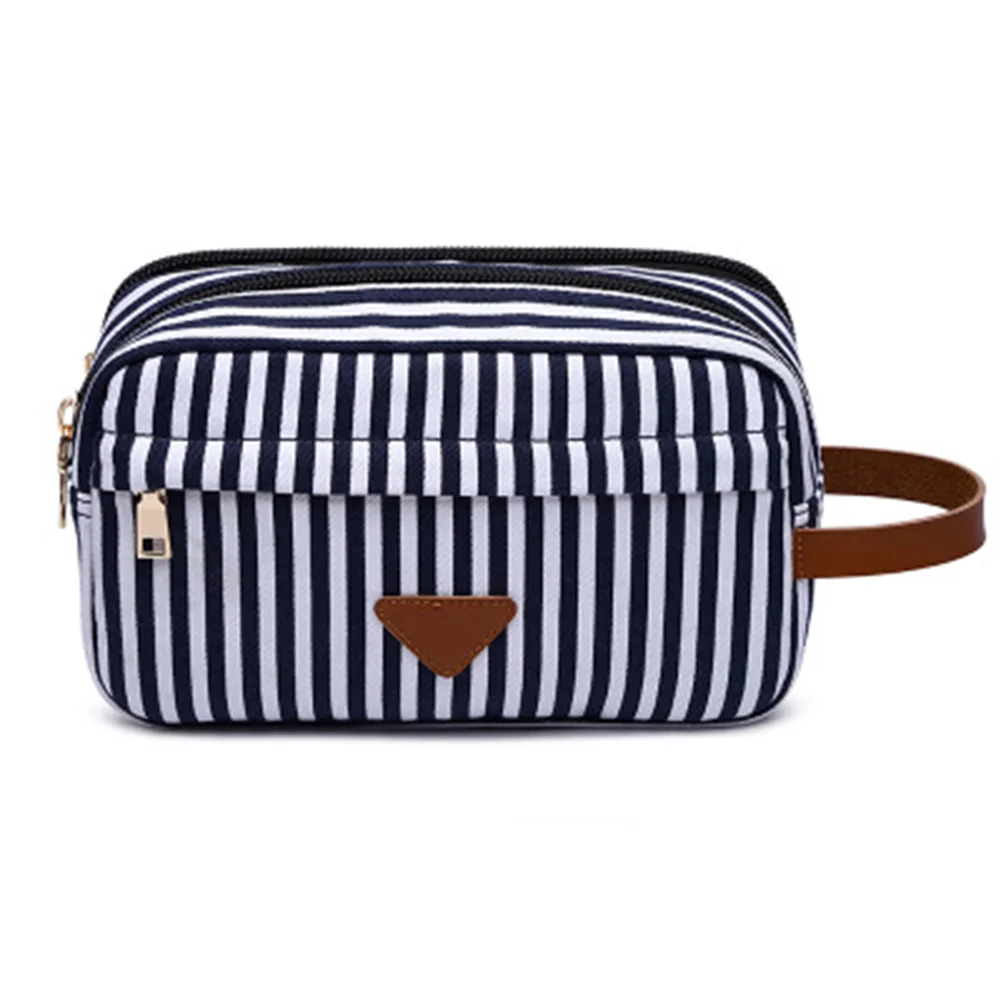 

Travel Toiletry Cosmetic Organizer Bag Double Layers Canvas Shaving Kit Stripe Pouch Top Quality Bolsos Organizador Maquillaje