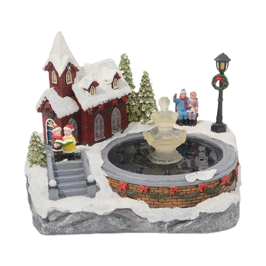

Christmas Snow Scene Village House Resin Ornament Colorful LED Light Music Water Fountain Farmhouse Statues Home Decoration