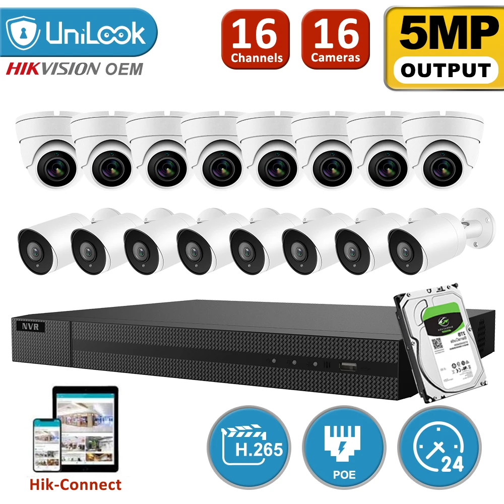 

UniLook 16CH NVR 16Pcs 5MP Mini Dome Bullet Mixed POE IP Camera NVR Kit Outdoor Security System IR NVR Kit P2P View H.265