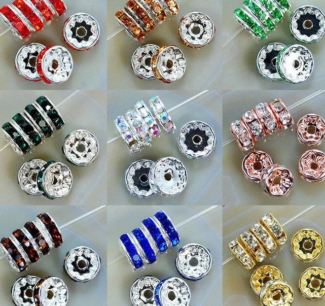 

g234 10mm Mixed Color Lot Crystal Rhinestone Rondelle Spacer Silver Plated mental Loose Beads Fit Charm Bracelet