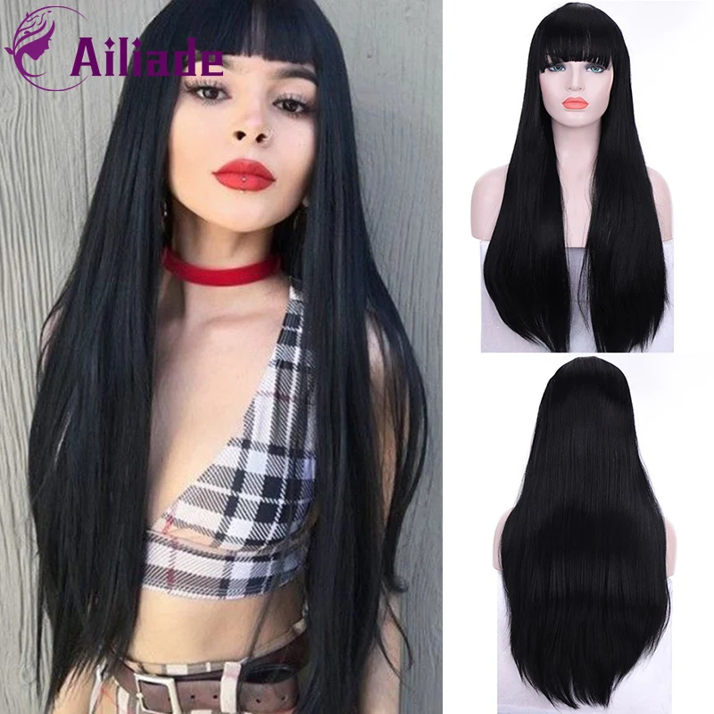 AILIADE длинные прямые синтетические парики с челкой для женщин черный термостойкий