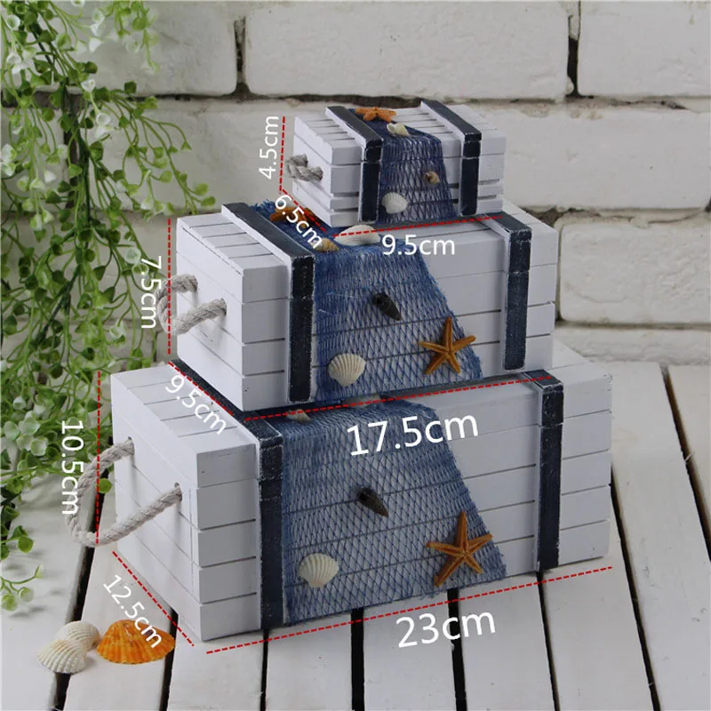 

3in1Mediterranean wooden storage box Home decoration jewelry box 3 Sizes Marine Seabird starfish Nets Shell Baby Room Gift