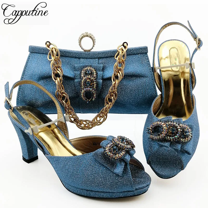 

New fashion blue sandals with purse bag latest African shoes and handbag set MM1096, heel height 8.5cm, free shipping