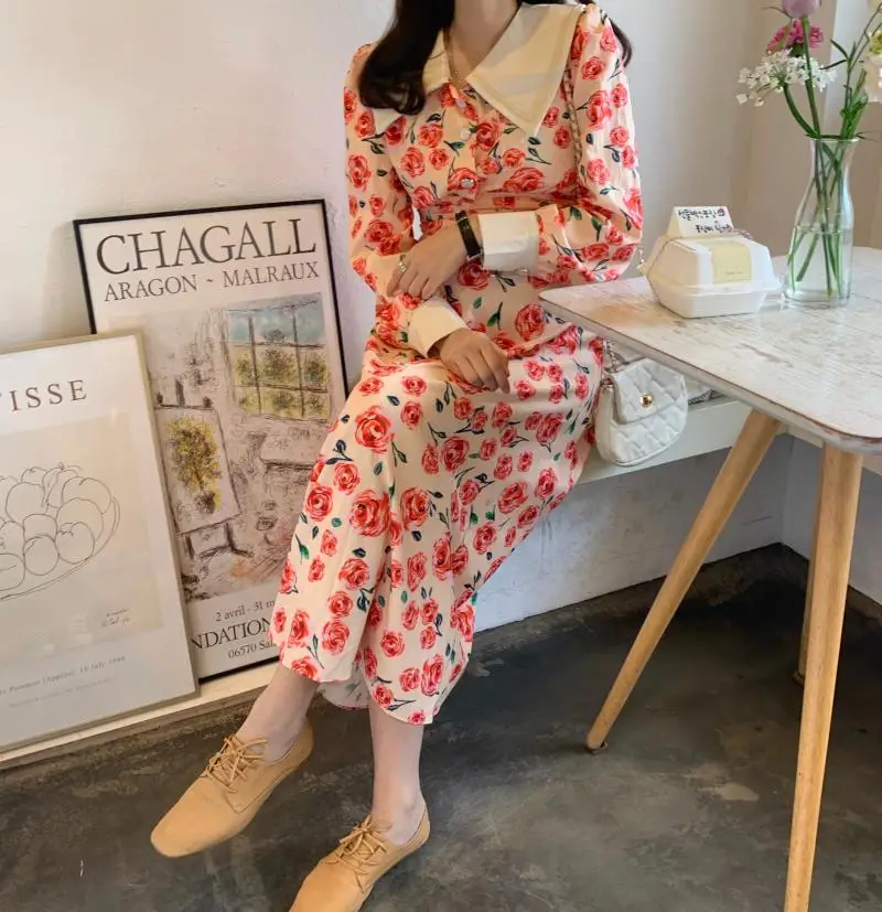 Женское длинное платье с отложным воротником и цветочным принтом Make han edition |