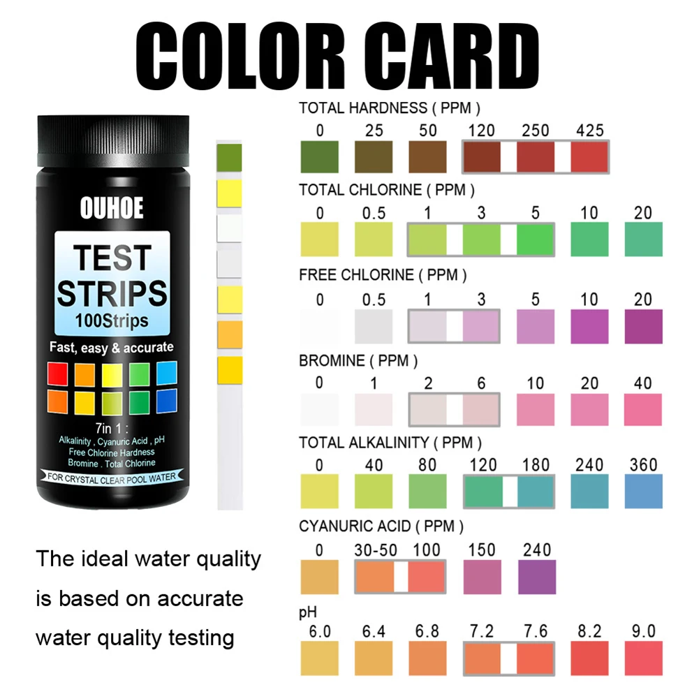 

7 in 1 Swimming Pool Water Quality Tester Strip Tub Water Hardness Alkalinity Chlorine PH Value Test Paper Aquarium Fish Tank