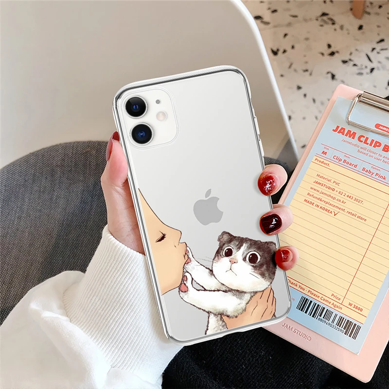 Cute Cat Phone Case For iPhone 13 12 11 14 Pro Max X XR XS Max 7 8 6 6s Plus 12 Mini 5 5S SE2020 Soft TPU Transparent Back Cover
