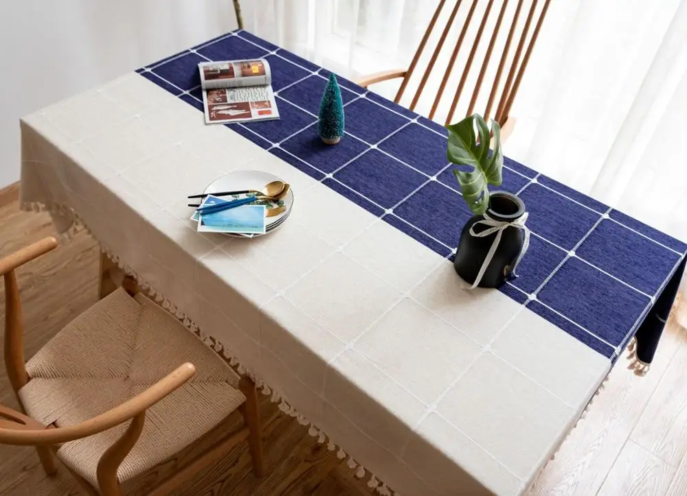 Plaid Two Tone Decorative Linen Tablecloth With Tassel Waterproof Oilproof Rectangular Wedding Dining Table Cover Table Cloth