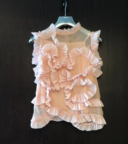 

Women Pink Blouse 2020 Summer New Sleeveless Three-Dimensional Ruffled Chiffon Shirt Mesh Blouse Ladies Sweet Blusas Tank Tops