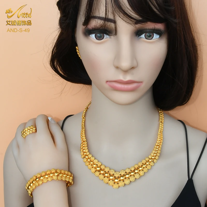 

Dubai African Bead Jewelry Sets 24K Gold Color Necklace Earrings Bracelet Ring Set Nigeria Luxury Party Wedding Female Jewellery